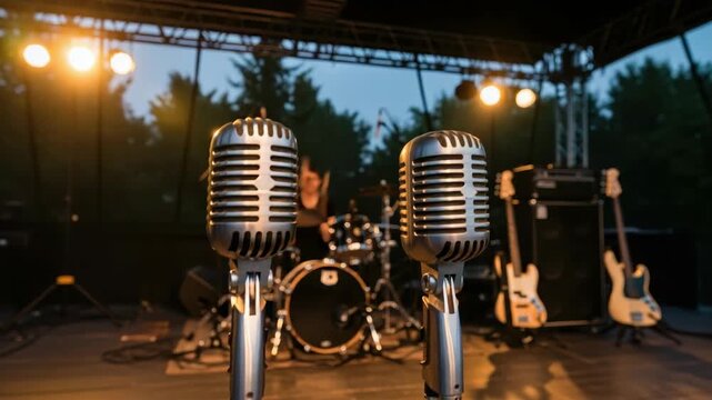 Two prominent vintage microphones stand on stage In the blurred background drum set electric guitars and amplifiers are visible under warm stage lights set outdoors at dusk