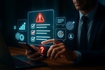 Stay on top of business risks with this digital checklist and smartphone on a modern desk, ensuring compliance and hitting goals with confidence