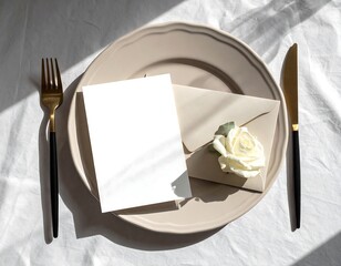 Elegant Table Setting with Notecard and Rose.
