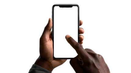 Persons hand interacting with a smartphone with a blank screen transparent background