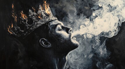 Monochromatic Painting of a King with a Fiery Crown Exhaling Smoke, a Powerful and Symbolic Portrait Representing the Burden of Leadership