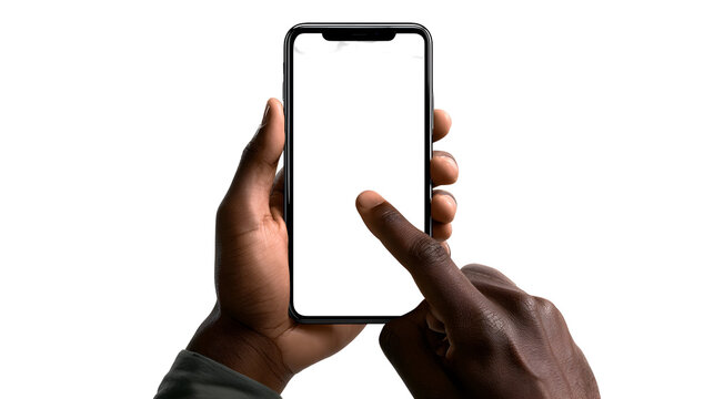 Persons hand interacting with a smartphone with a blank screen transparent background