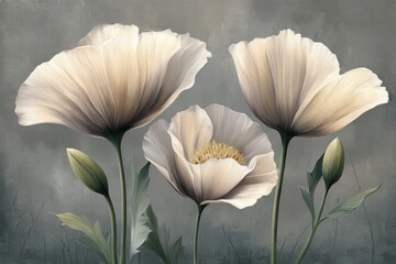 Three elegant, light beige poppies stand out against a muted gray background, showcasing delicate details and a tranquil mood.