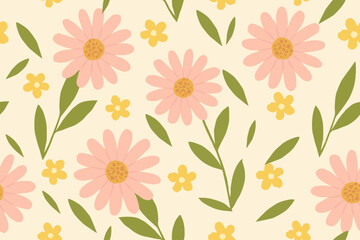 Seamless floral pattern with soft pink daisies, yellow flowers, and green leaves on a cream background, perfect for fabric, wallpaper, and cheerful decor.