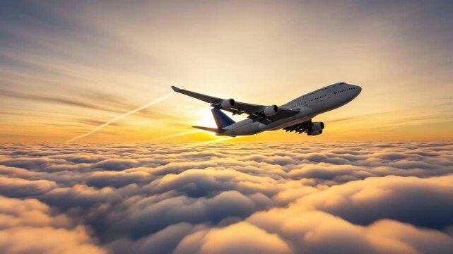large passenger aircraft ascends through vibrant golden and orange sunset sky above vast illuminated layer of fluffy clouds Sunbeams pierce the horizon A white contrail trails behind