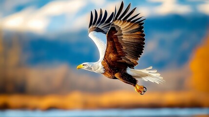 Majestic bald eagle in flight natural habitat wildlife photography scenic background aerial perspective freedom concept
