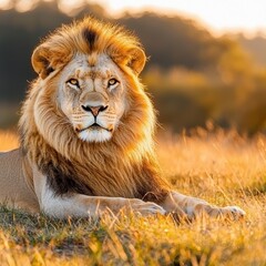 Majestic lion roaming the african savanna at sunset wildlife photography natural habitat close-up view stunning beauty
