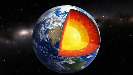 Detailed 3D Earth cutaway shows its layers crust fiery mantle bright orange outer core and glowing yellow inner core The planet floats in star-studded space with distant spiral galaxy visible - Powered by Adobe