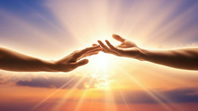 Two hands extend towards each other against vibrant sunrise or sunset sky bathed in golden light rays emanating from bright center The outstretched palms suggest connection and help