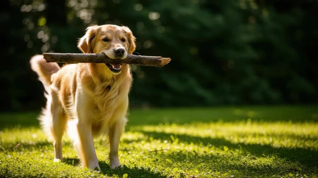 beautiful golden retriever stands on vibrant green grass carrying stick in its mouth Sunlight illuminates its fluffy fur and wagging tail with blurred dark green forest in the background capturing joy
