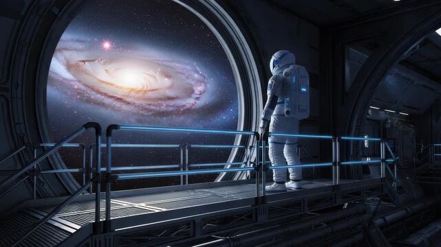 Astronaut in white suit stands on platform with blue-glowing railings gazing out large circular window at brilliant spiral galaxy glowing stars and bright pink star in deep space Dimly lit interior