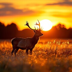 Majestic deer in golden sunset serene field wildlife photography nature side view tranquility