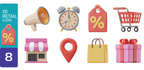 A modern collection of 3D rendered retail icons for e-commerce and marketing, featuring shopping, sales, and business symbols for web design