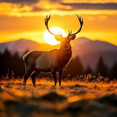 Majestic stag silhouetted against sunset highlands wildlife photography scenic landscape side view nature's beauty