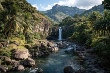 Lush tropical waterfall cascading into a rocky riverbed