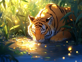 Majestic tiger drinking water lush jungle digital art tranquil scene close-up view wildlife beauty