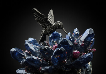 Obraz premium A metal hummingbird sculpture perched atop a cluster of blue crystals interspersed with small red gemstones against a dark background.