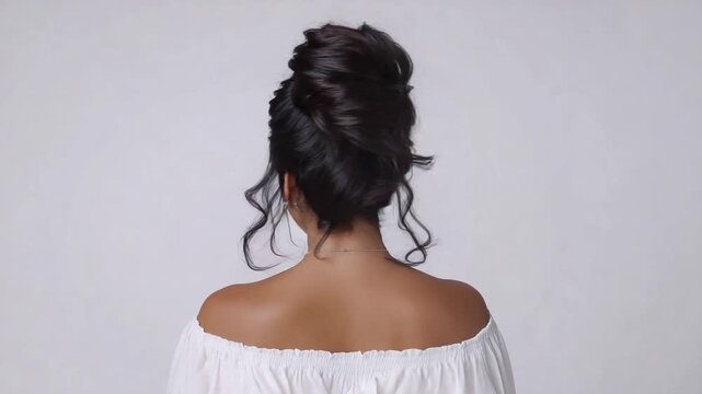 Elegant Updo Hairstyle on a Woman with Dark Hair, Back View.