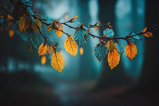 Autumnal branch with vibrant leaves in a misty forest (1)