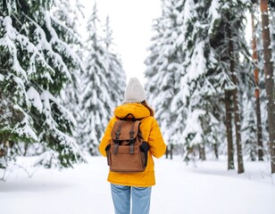 Woman in yellow jacket walks in snowy forest