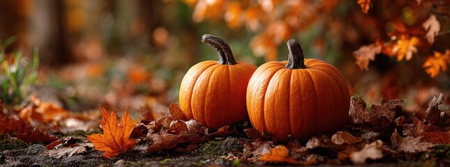 Two pumpkins nestled amongst autumn leaves on the forest floor