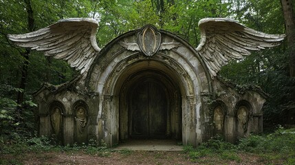 Ancient Winged Stone Archway in a Mystical Overgrown Forest, a Gothic Ruin Reclaimed by Nature with Detailed Sculptures and an Enigmatic Entrance