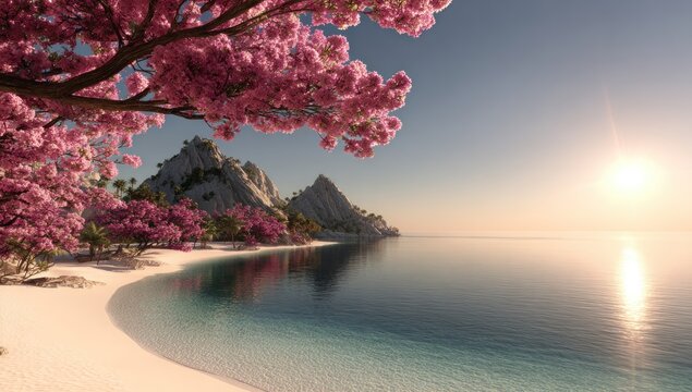 Serene coastal scene featuring cherry blossoms framing a white sand beach and mountains at sunset