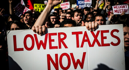 Close-up of two raised hands holding a large protest sign reading LOWER TAXES NOW in bold red letters, surrounded by an angry crowd