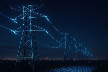 Sustainable data center power. Electric towers illuminated at night, with a city skyline in the background.
