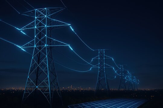Sustainable data center power. Electric towers illuminated at night, with a city skyline in the background.