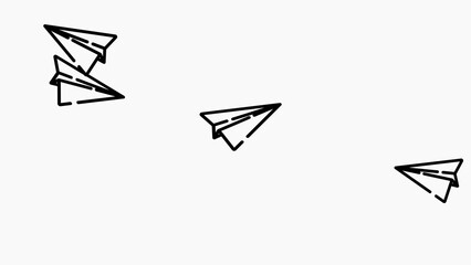 Multiple white outline paper airplanes flying in different directions on a white background travel movement