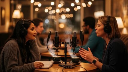 Two women recording podcast in warm inviting setting They wear headphones and speak into microphones with hot beverages and an audio interface on wooden table Blurred figures and bokeh lights are in t