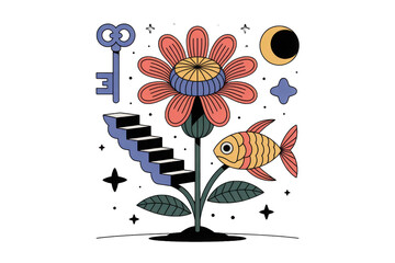 Whimsical surreal illustration of a flower with a fish moon and key isolated on transparent background