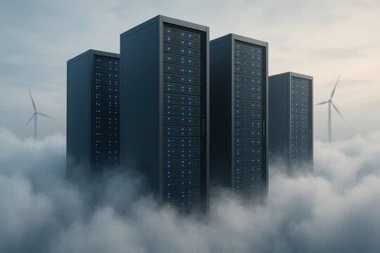 Sustainable data center power. Futuristic data center surrounded by clouds and wind turbines, symbolizing technology and sustainability.