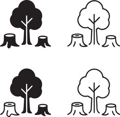 Deforestation black vector icons set, editable environmental conservation symbols, modern flat minimal style, clean bold shapes, tree stump icons, buyer focused vector design