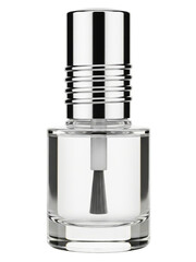 Clear nail polish in a glass bottle with a silver cap on a transparent background