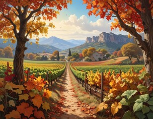 Autumn Vineyard Landscape Scenic View.