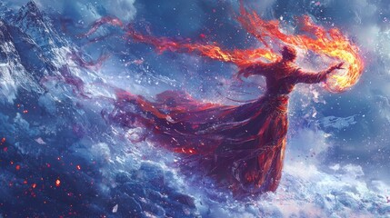Powerful Sorcerer Unleashing Fire and Ice in a Majestic Winter Mountain Landscape, Dynamic Elemental Magic Art