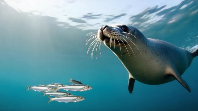 grey seal with prominent whiskers swims gracefully underwater in clear blue water pursuing tight school of silvery fish Sunlight filters from the surface above illuminating the marine hunt