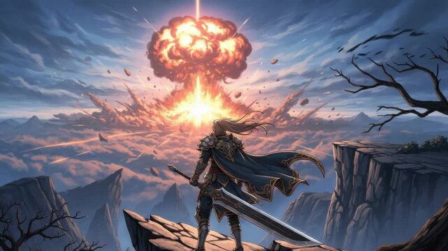 armored warrior with greatsword stands on cliff observing colossal explosions mushroom cloud and debris fill the dramatic sky over sweeping cloud-covered mountain landscape
