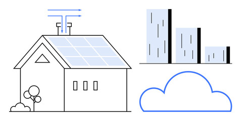 Modern house with solar panels, blue arrows indicating energy transfer, city buildings, and a cloud outline. Ideal for sustainability, renewable energy, smart home, cloud storage, urban planning