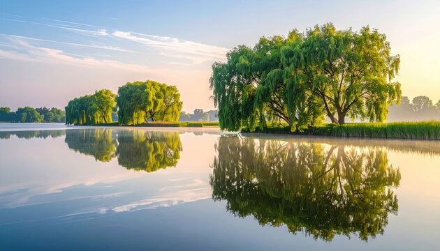 Scenic Lake with Reflections and Trees under Sunrise in Misty Morning Serene Waterscape with Cloudscape Soft Pastel Tones Natural Light Idyllic Landscape