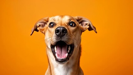 Excited dog with open mouth and wide eyes, vibrant orange backdrop radiates joy