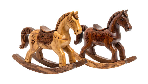 Pair of Handcrafted Wooden Rocking Horse Variations isolated on transparent background