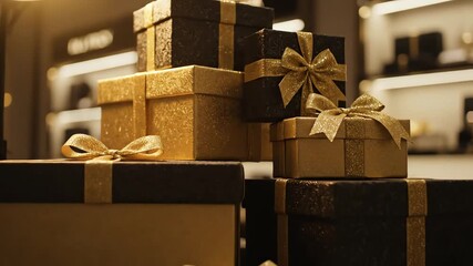 Elegant gift boxes stacked high with shimmering gold ribbons in a luxury retail setting, perfect for Christmas promotions and holiday campaigns - Powered by Adobe