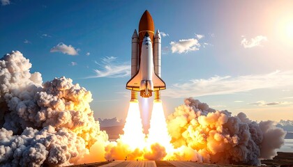 Obraz premium Rocket Launching into Cloudy Blue Sky with Fiery Exhaust Plumes and Bright Sunlight Aerospace Technology and Powerful Ascent Space Exploration