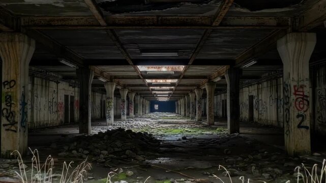 desolate decaying underground concrete corridor with rows of graffiti-covered pillars crumbling ceiling and debris-strewn floor with moss and dry weeds leading to distant light