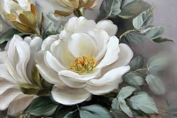 A delicate arrangement of white magnolia blossoms with subtle green leaves, painted with soft brushstrokes.