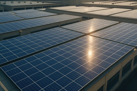 Sustainable data center power. Solar panels on rooftops reflecting sunlight, showcasing renewable energy technology and urban sustainability.