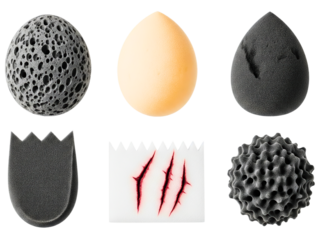 Collection of makeup sponges and special effects applicators on a transparent background